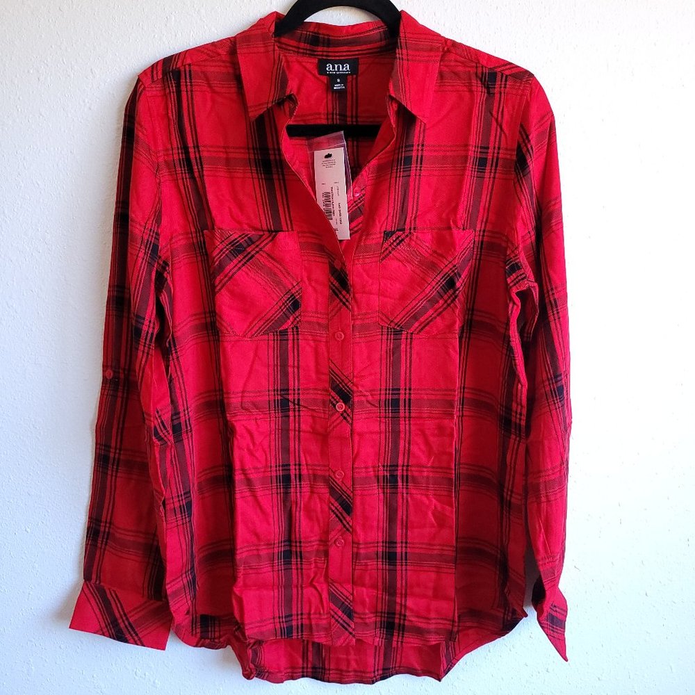 New a.n.a red and black plaid, button-up, collared blouse